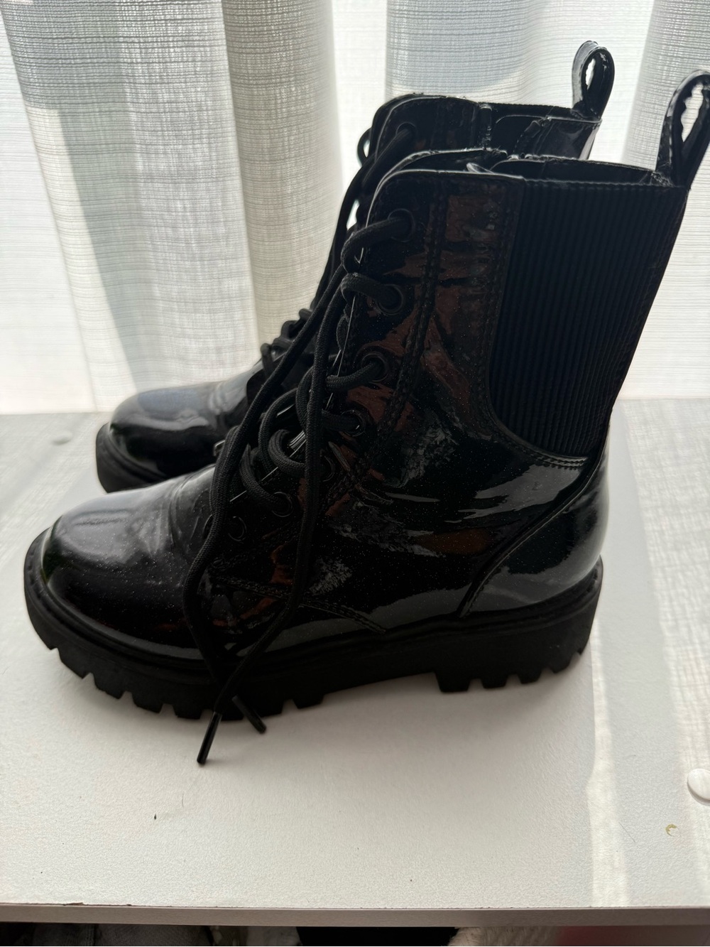 Black Patent Lace-Up Combat Boots - kids